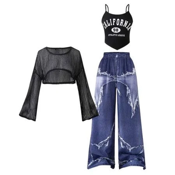 Girl's 3 Piece Hollow Out Long Sleeve Denim Outfit