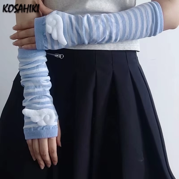 Contrast Color Stripe Arm Warmer Women Gloves Stylish Hand Y2k Aesthetic Crochet Knitting Japanese Wing ​Punk Gothic Fingerless - AliExpress 200000297