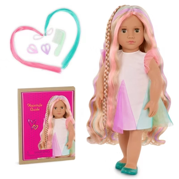 Our Generation Tessie 18" Rainbow Hair Grow Doll with Hair Clips and Styling Book Accessories: Fashion Beauty Doll