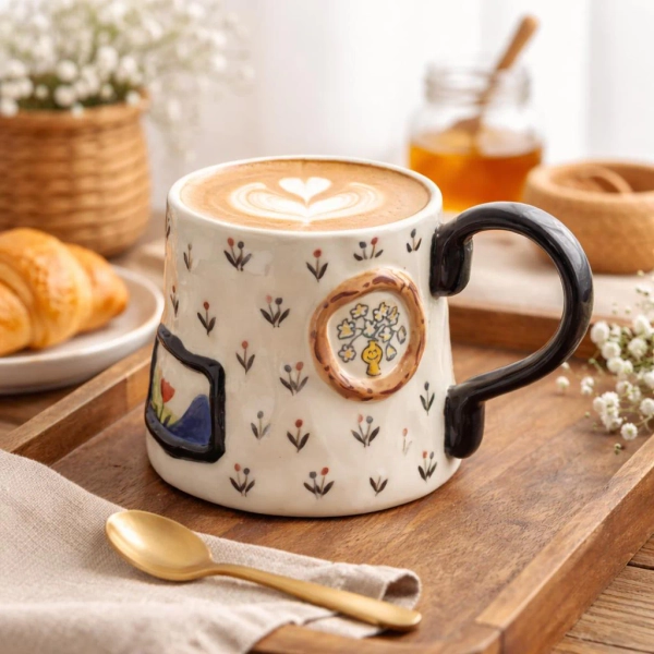 Handmade Ceramic Coffee Mug, Floral Latte Cup, Cute Pottery Mug, Cottagecore Tea Cup, Artisan Breakfast Mug Gift for Her