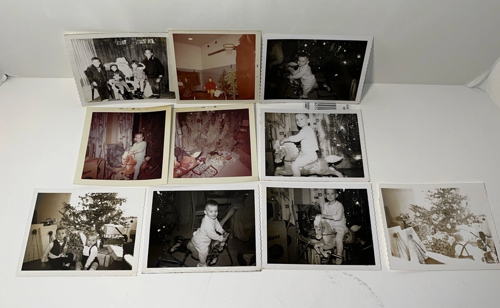 Lot 10 Vintage Christmas Color &amp; B&amp;W Photos Decorated Tree's  Children Toys