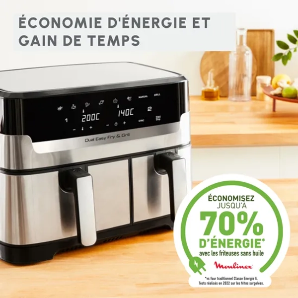 Moulinex Dual Easy Fry & Grill Inox, air fryer & gril, 2 tiroirs, EZ905D20