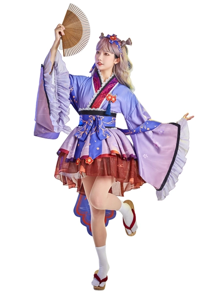 Women Japanese Yukata Kimono Ruffle Gradient Flowers Pattern Short Bathrobe Dress with Obi and Headband
