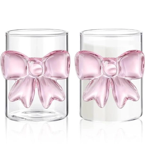 SKTMH 2Pcs Coquette Pink Bow Glass Cups Bow Icon Juice Glasses 14Oz Old Fashioned Cocktail Glasses Clear Glass Iced Coffee Mug Tumbler with Pink Bow