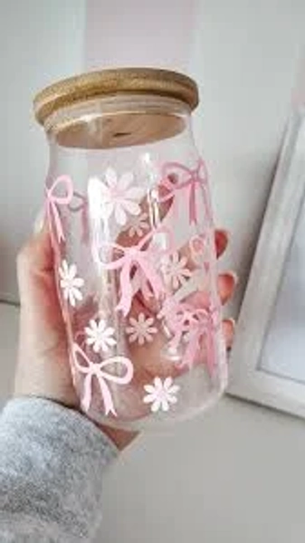 Pink bow glass | girly cup | Libbey glass can| bow cup