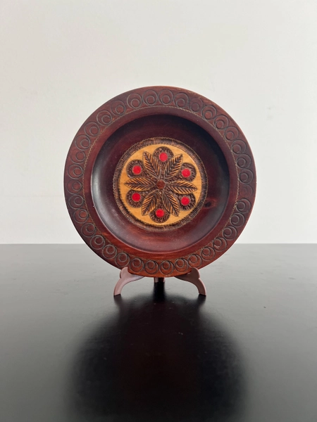 Vintage hand carved Bulgarian wooden plate, Ethnic decor decorative Pyrography wall plate