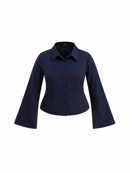 Collar Stripe Cinched Waist Bell Sleeve Shirt Curve & Plus
