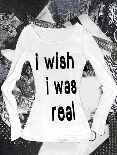 SHEIN Women's Letter Print Round Neck Fitted Fashionable Long Sleeve T-Shirt - Size M