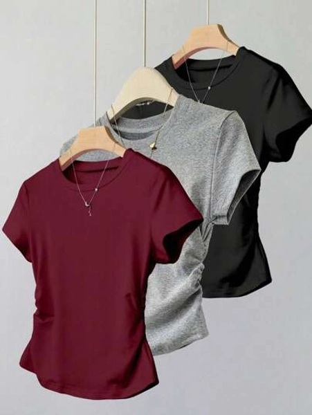 SHEIN 3pcs Tween Girl Casual T-Shirts Set, Includes Ruffled Waistband T-Shirt, Minimalist Style