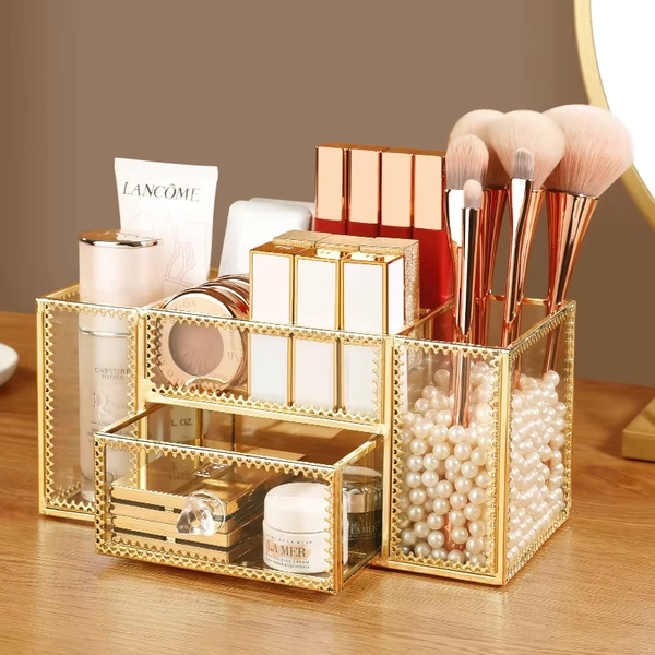 Fashion Gold Glass Makeup Organizer Lipstick Holder Perfume Desktop Jewelry Cosmetic Drawer Storage Box Display - AliExpress 15
