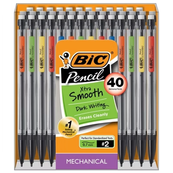 BiC 40pk Xtra Smooth 0.7mm Mechanical Pencil: School Supplies, Plastic, Pocket Clip, Adult Use