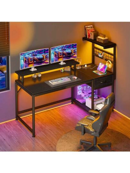 EnHomee 48" Computer Desk With Drawer And Shelves, Gaming Desk With LED Lights And Monitor Stand, Home Office Desk With Power Outlets For The Living Room