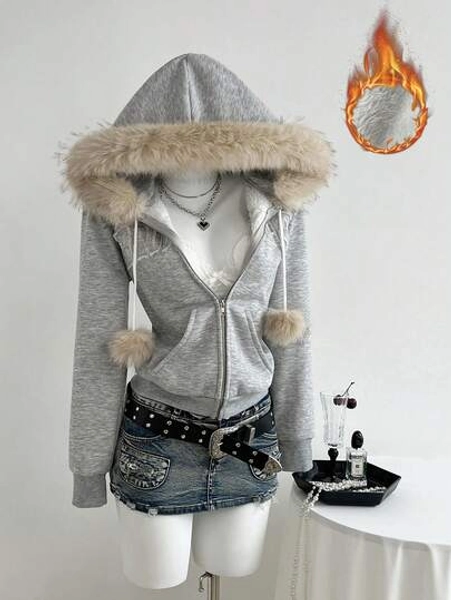 Elamini Women's Casual Fur Collar Embroidered Hooded Jacket, Autumn/Winter