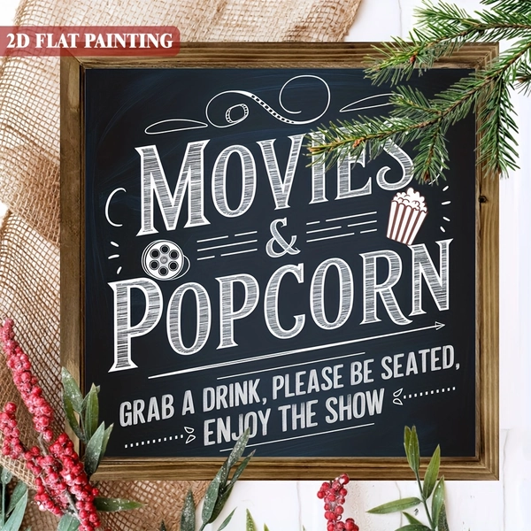 1pc Vintage Movie Theater Sign - & Cinema Decor with Movies & Popcorn Text - Horizontal Hanging Poster for Home Theater, Game Room, Living Room - No Electricity Needed - Ideal Movie Night Gift for Film Lovers - Wooden Framed Decoration