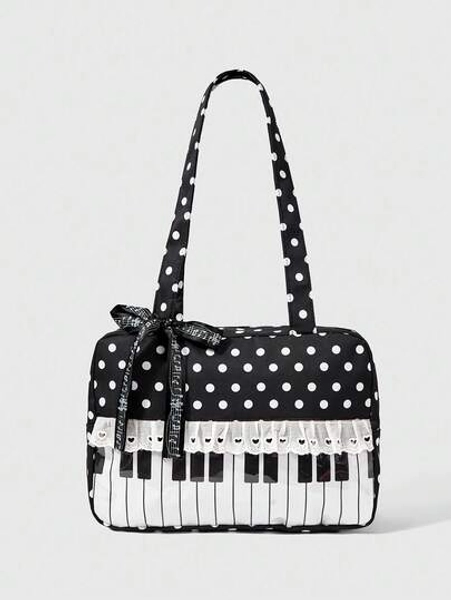 ROMWE Anime 1pc Cute Sweet Bow Heart Lace Patchwork Polka Dot Pop Art Women Tote Bag, 2nd Gen Snack Quantity Music Note Music Festival Transparent Layer Badge Doll Display Shoulder Bag, Suitable For Shopping, Campus