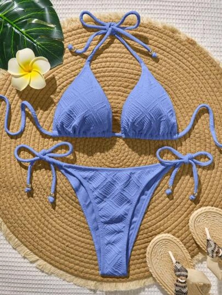 Swim Vcay Women's Summer Beach Solid Color Halter Tie Sexy Bikini Set