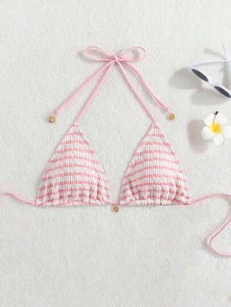 Ladies Summer Beach Striped Lace Up Bikini Top, Popular Swimwear In Europe And America
