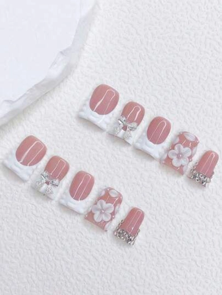 10pcs Y2K Style Red & White French Press-On Nails, Handmade 3D Floral Carved Duck Mouth Nail Tips With Silver Bowknot & Rhinestone Decor, Suitable For Daily And Party Wear, Great Gift For Women And Girls