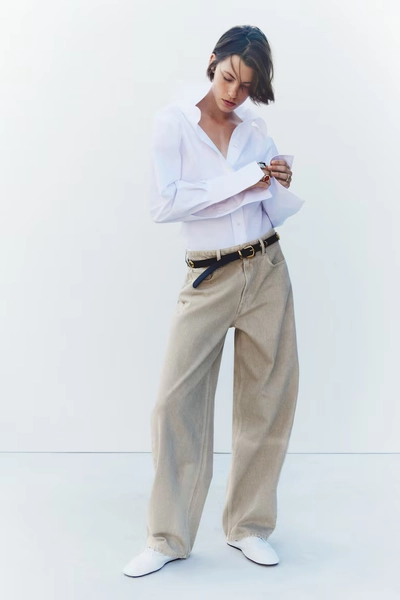 Baggy Regular-Waist Barrel Jeans - Light beige