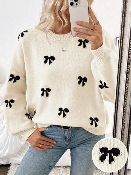 Autumn/Winter New Blogger Same Style Fashionable Design Youthful Casual Bow Pullover Sweater