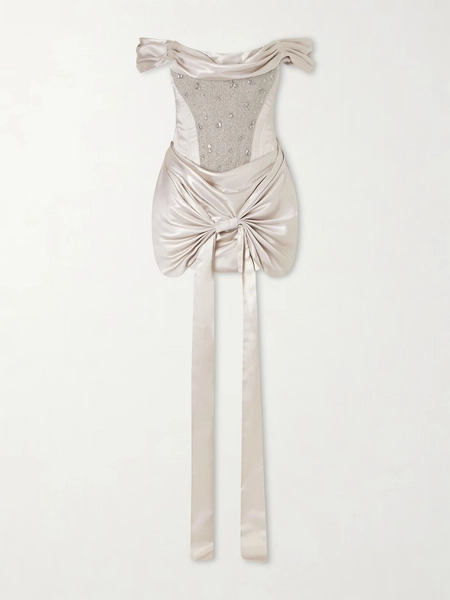 Clio Peppiatt - Paloma Convertible Draped Embellished Satin Mini Dress - Silver