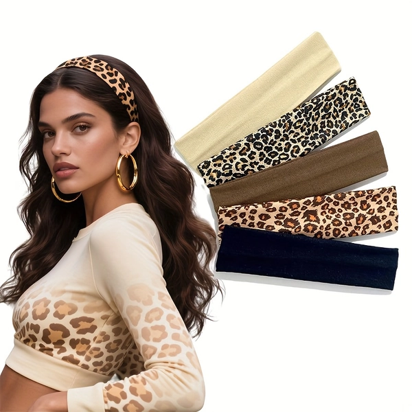 5pcs Women'S Multi Colors Sports Headband Leopard Print Sweat-Absorbent Elastic Hair Bands Street Fashion Casual Headwear for Daily Hairdressing Gifts