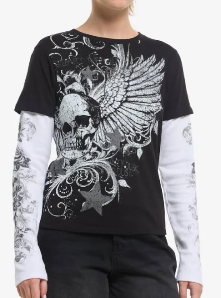 Winged Skull & Filigree Twofer Long-Sleeve Graphic T-Shirt