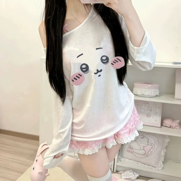 Japanese White Sweet T-shirt Kawaii Cartoon Seal Print Tshirts Preppy Cute Casual Tees Fashion Harajuku Girls Y2k Sunscreen Tops