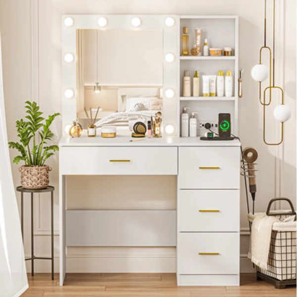 Ebern Designs Makeup Vanity Desk With With 10 Light 3 Lighting Modes Brightness And Mirror And Power Outlet