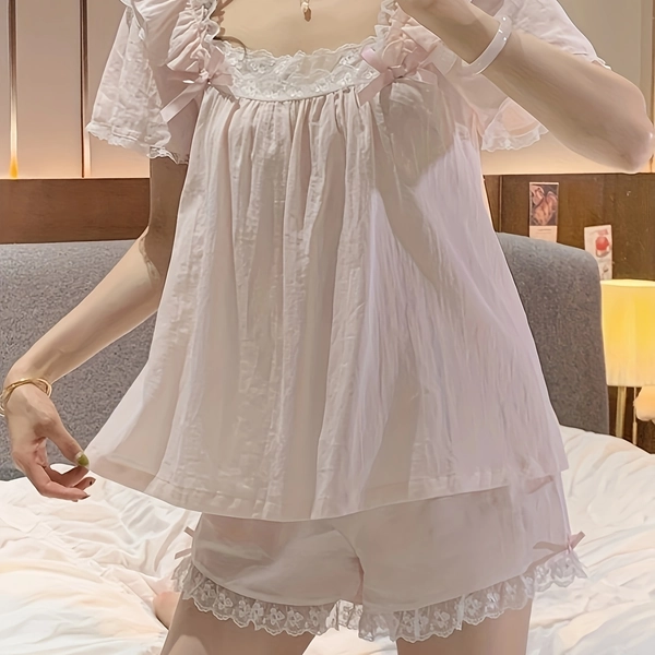 Adorable Princess Style Lace Trim Short Sleeve Nightgown and Shorts Set for Women, Summer Wearable Loungewear Two-Piece Outfit