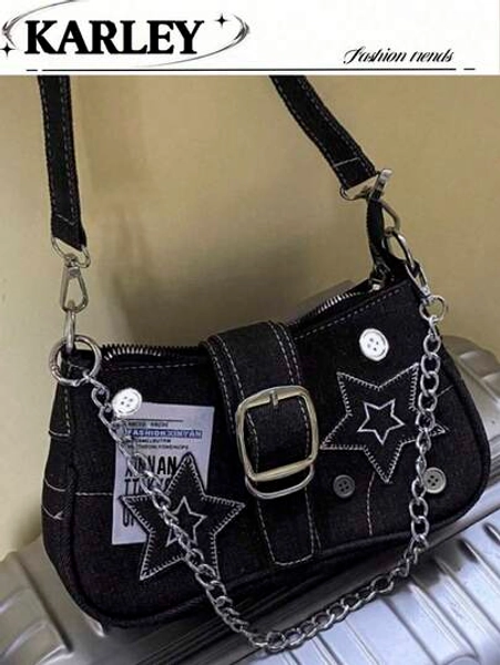 Vintage Y2K Style Women's Bag With Color Blocking, Star Pattern & Chain Strap, Suitable For Girls, Ladies, Students, Office Workers, White-Collar Workers, Commuters, And School Outings, Stars Hollow Women Bag