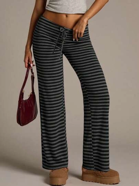 Aloruh Women's New Super Low Waist Black Striped Pants, Autumn/Winter,Black Pant,Fall,Fall Clothes For Women