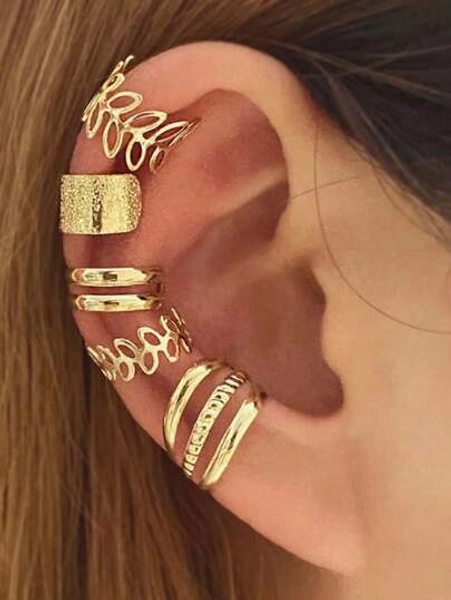 5 Pieces/Set Personalized Geometric Ear Cuffs, No Ear Piercings, C-Shaped Hollow Leaf Earrings, Elegant And Sexy Earrings, Fashionable Ear Clips, Mixed Metal Leaf And Branch Design, Textured Matte Finish, Multi-Cuff Earrings, Versatile Jewelry For Women, Suitable For Women's Daily Wear