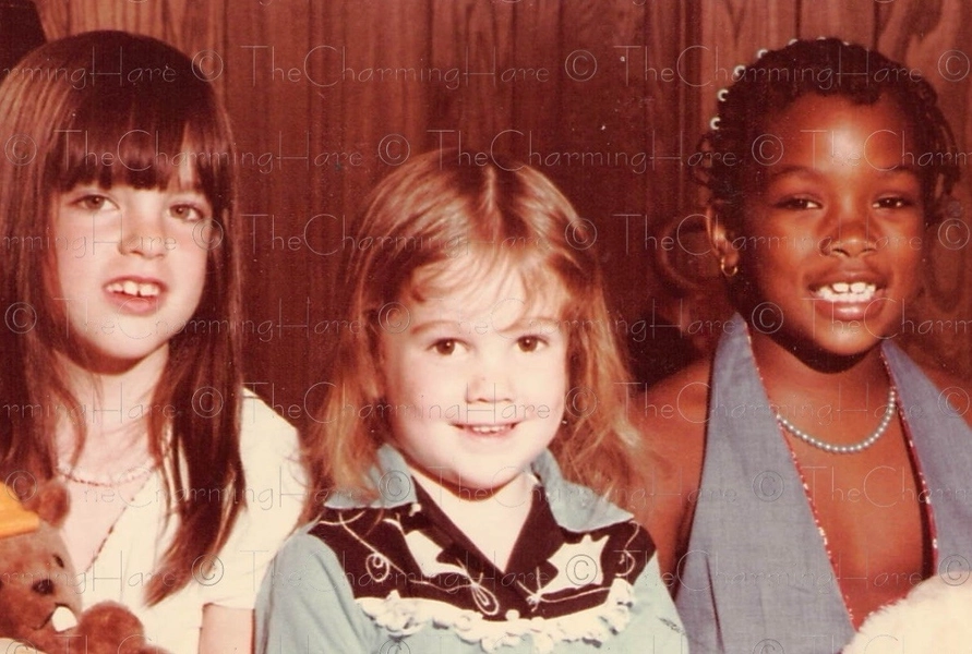 Vintage Photo 1970s Girls Portrait Friends Plush Toys Wood Panel Room