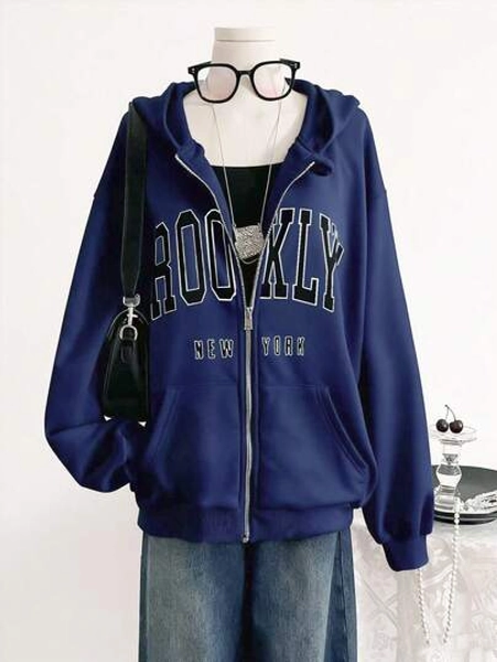 Sweetra Young 1pc Casual Minimalist Letter Print Pocket Zip-Up Hoodie Jacket For Teen Girl Simple Streetwear Style, Essential For Autumn/Winter