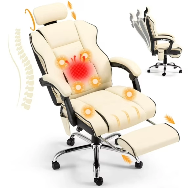 HOMREST 6-Point Massage Office Chair with Footrest, Heated Executive Office Chair with Reclining Backrest, Ergonomic Gaming Chair with Padded Armrest, Off-White