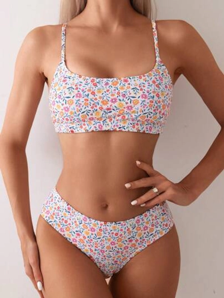Swim Mod Women Summer Beach Floral Print Vacation Wireless Bikini Set