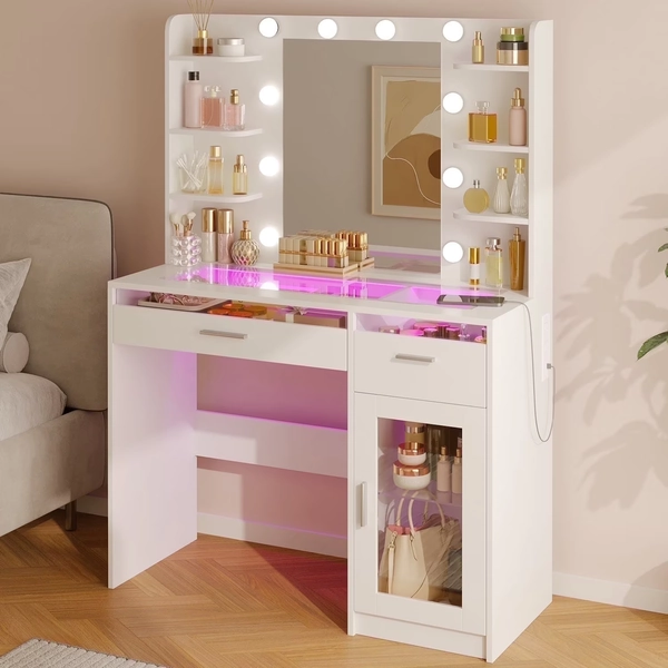 TOMNK White Vanity Desk with Mirror & Lights, Power Outlet, 3 Colors, 2 RGB Drawers, 6 Shelves