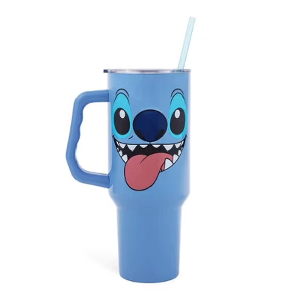 Silver Buffalo Disney Lilo & Stitch Face Stainless Steel Tumbler With Handle | Holds 40 Ounces