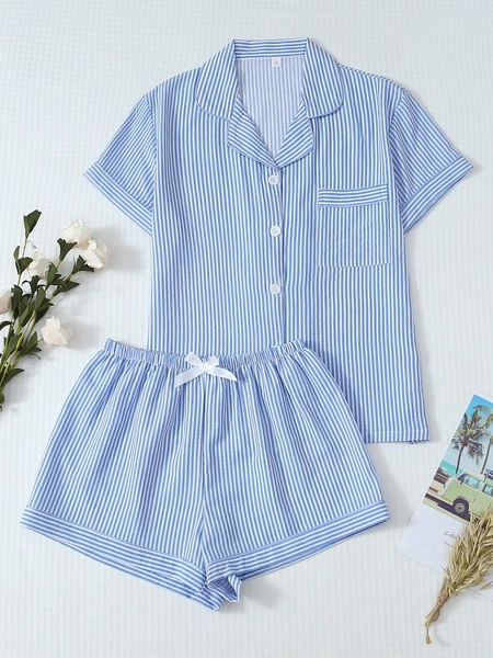 2pcs Women Cute Sweet Blue & White Striped Print Pajama Set, Lapel Button Short Sleeve Top And Bow Shorts, Summer Sleepwear & Loungewear