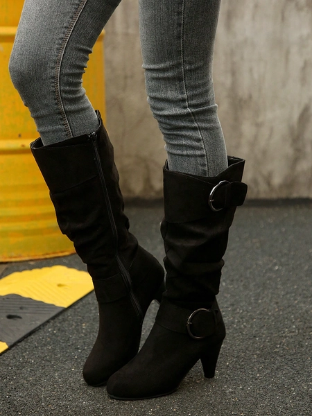 Fall/Winter 2025 Women's Plus Size Knee-High Boots With Pleated Strap, Cone Heel, Side Zipper, European And American Style