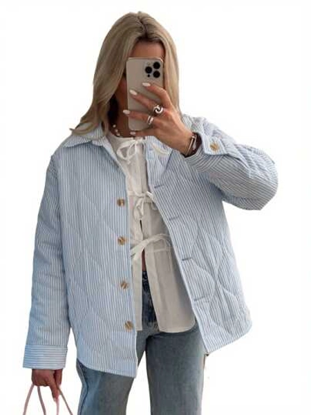 Women's Puffer Jacket Stripe Turn-Down Collar Buttons Quilted Coat Fall Winter Long Sleeve Padded Jacket Outerwear