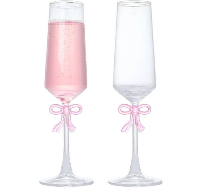 MAKERSLAND Champagne Glasses Set of 2, 8oz Elegant Crystal Stemmed Champagne Flutes with Pink Bow for Prosecco, Sparkling Wine, Mimosas, Cocktails,