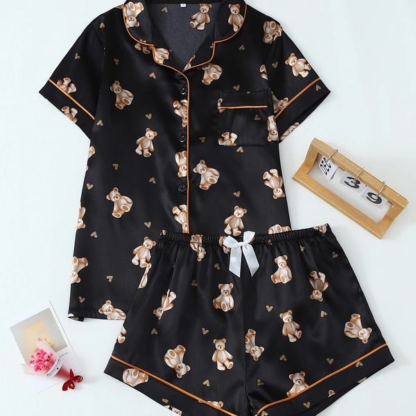 Cartoon Bear Print Teenager Color Block Short Sleeve And Shorts Pajama Set, for Teenager, For Teenager
