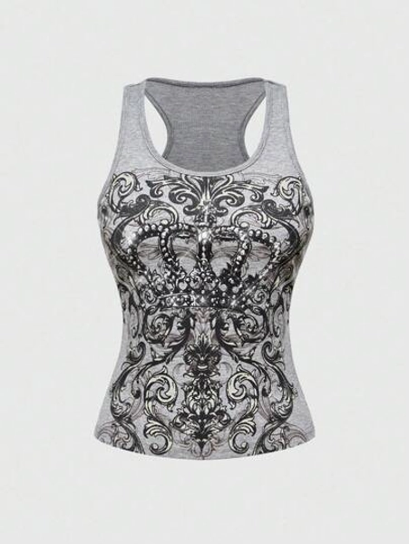 ROMWE Avant Y2K Rhinestone Crown Crop Top, Vintage Graphic Tank Top For Women