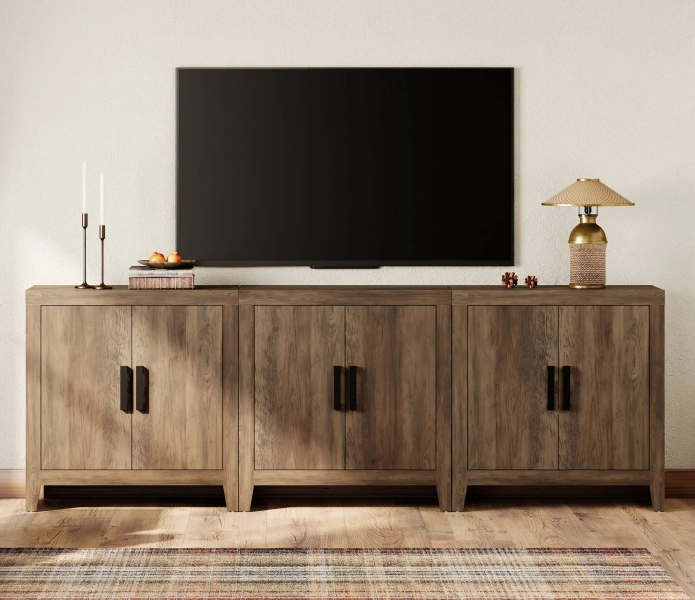 Latitude Run® Farmhouse TV Stand For Tvs Up To 85 Inch, Rustic Wood Entertainment Center & Media Console With 6 Storage Doors, Accent Cabinet For Living Room, Hallway, Rustic Beige & Reviews | Wayfair