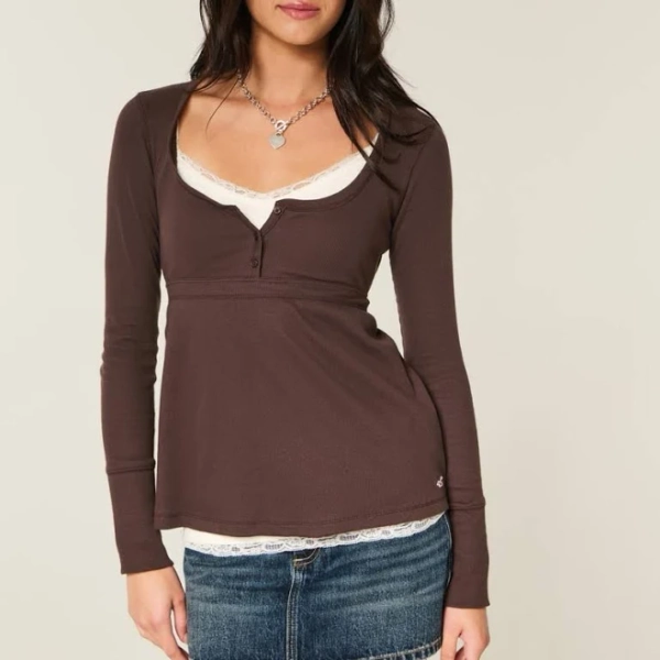 Hollister Women's Easy Tie-Back Henley Babydoll Top
