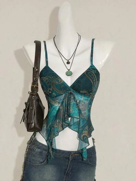 SHEIN ICON Women's Millennial Y2K Sexy Bohemian Retro Teal Paisley Print Asymmetrical Hem Ruffled V-Neck Slim Fit Camisole