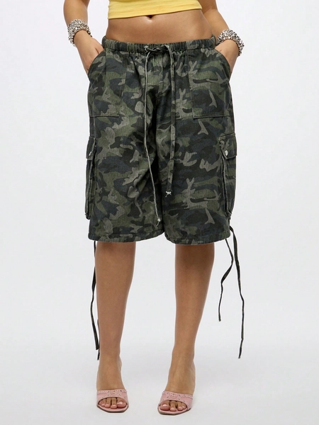 SUMWON WOMEN Cargo Utility Long Shorts Military Combat Style Drawstring Elastic Waist Summer Spring Casual Pockets Bermuda Length Outdoor Hiking Walking