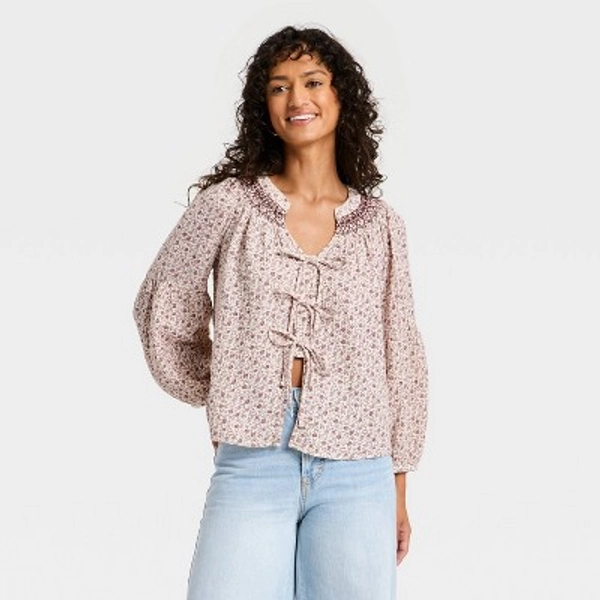 Women's Raglan Long Sleeve Tie-Front Blouse - Universal Thread™ Brown Floral XS